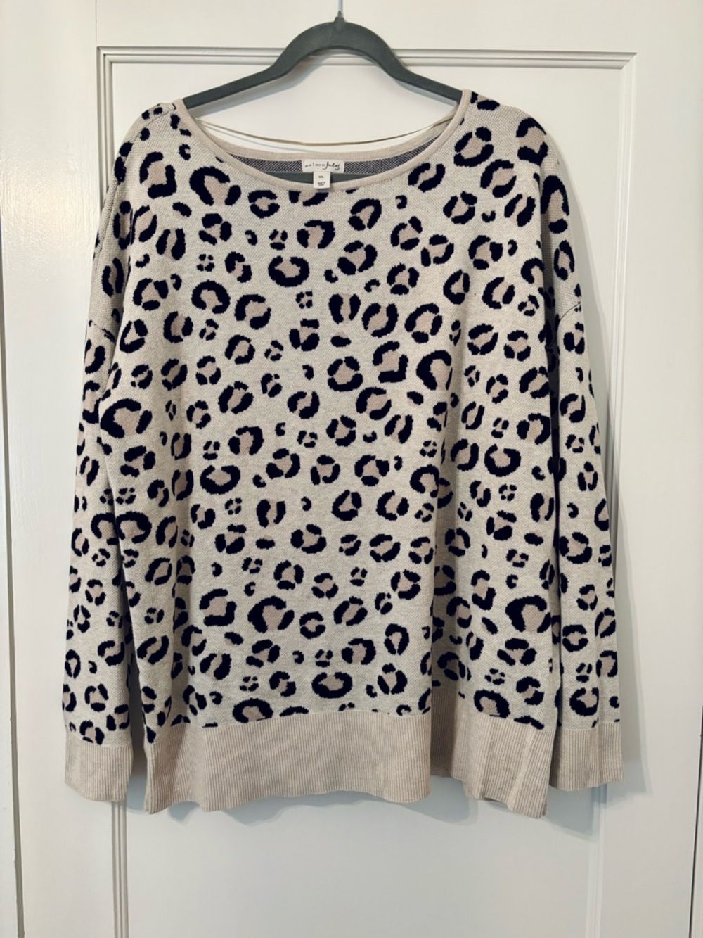 Maison Jules Beige Crewneck Sweater with Black Leopard Print